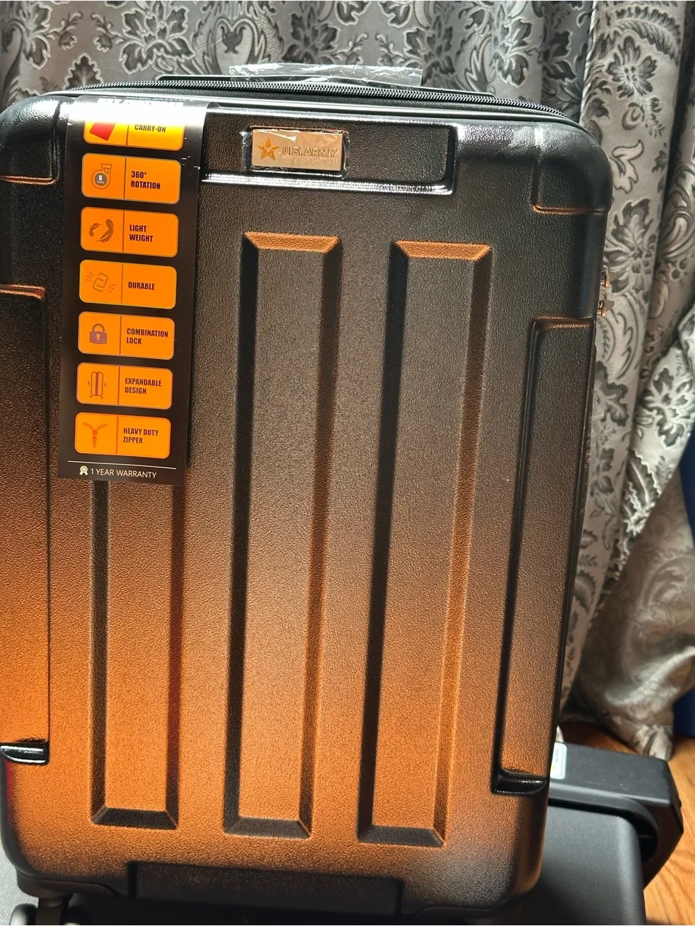 U.S. Army Hard-Shell Carry-On Suitcase in Black and Orange Accent 20”